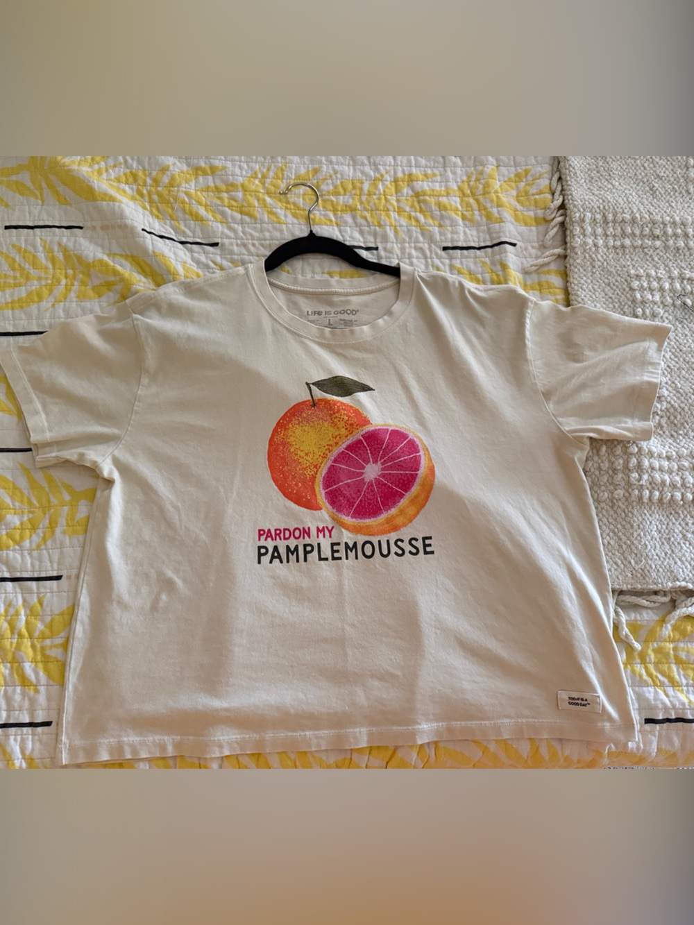 Life Is Good Cream Long Sleeve Tee with Pink Grapefruit Graphic